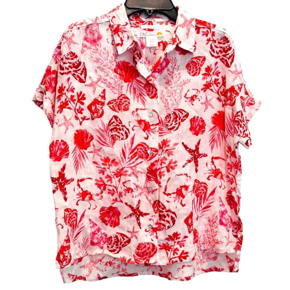 C&C California Size XS Oversized Button Front Red/Pink Sea Shell 100% Linen Top